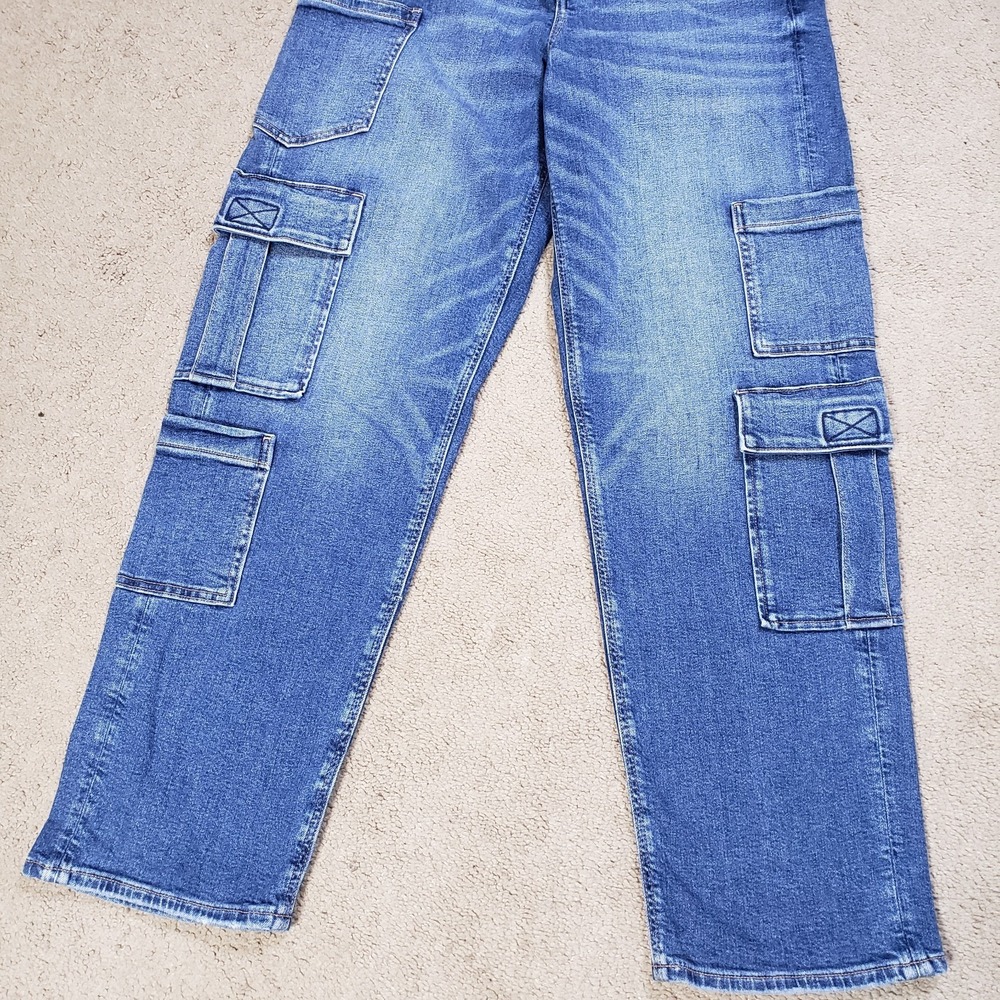 American Eagle Jeans Womens 8 Blue Super High Rise Baggy Straight Cargo Stretch - Picture 5 of 14